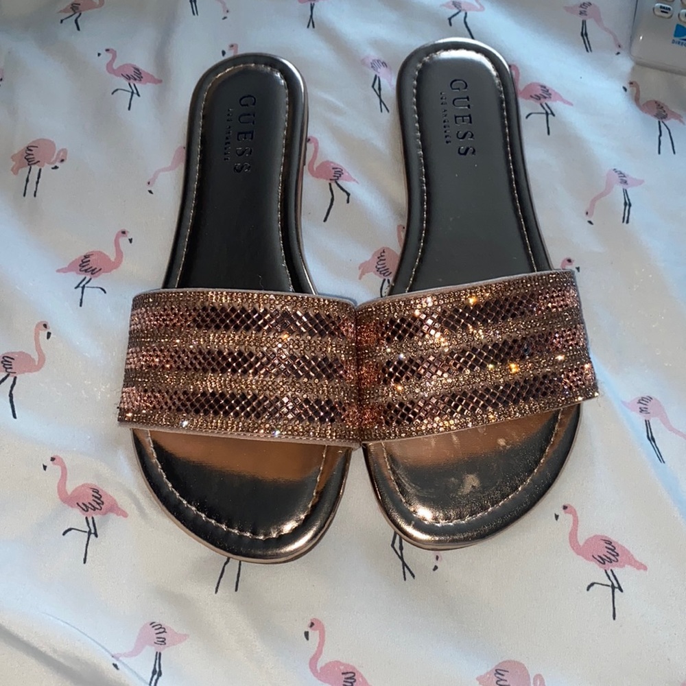 GUESS Rose Gold Crystal Slide Sandals